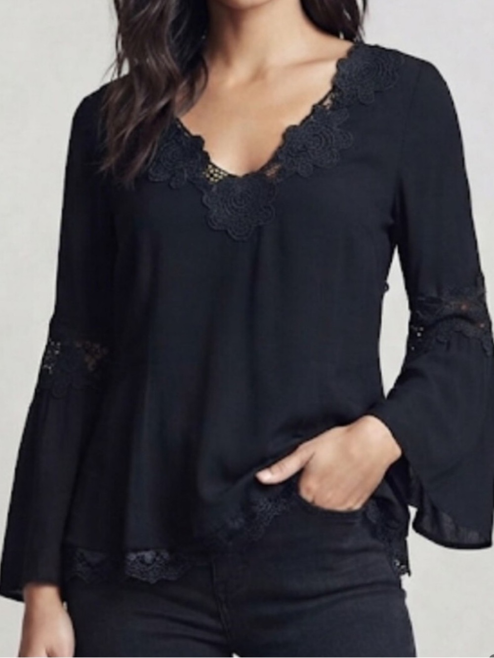 Free People Parisian Nights Flowy Bohemian Blouse with Bell Sleeves & Lace Detal